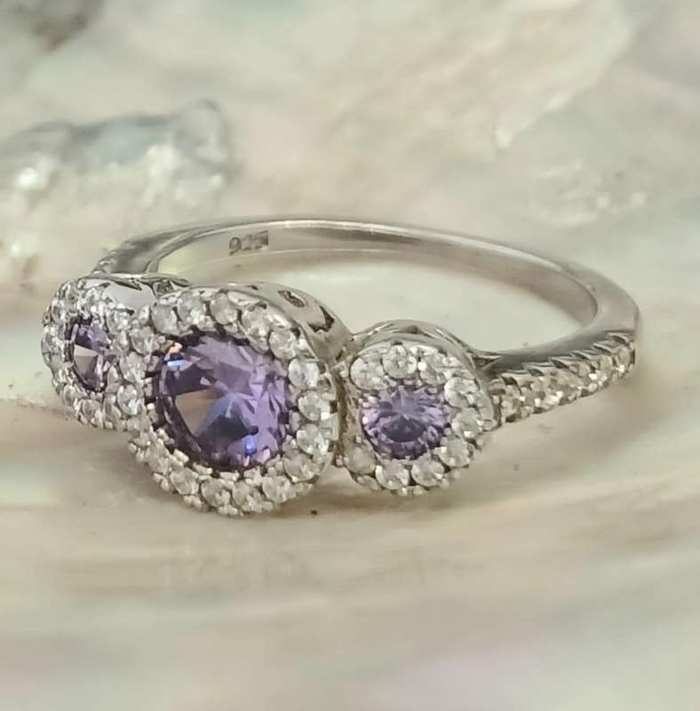 Unusual .925 Sterling Silver Amethyst CZ Halo Trilogy Ring