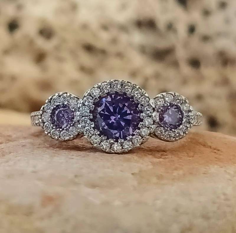 Unusual .925 Sterling Silver Amethyst CZ Halo Trilogy Ring