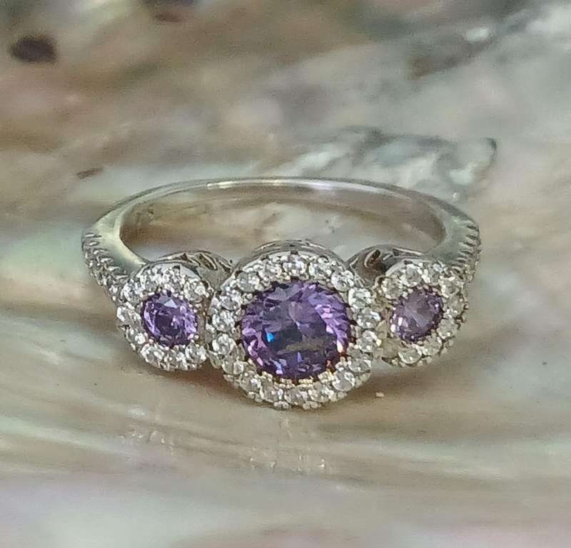 Unusual .925 Sterling Silver Amethyst CZ Halo Trilogy Ring