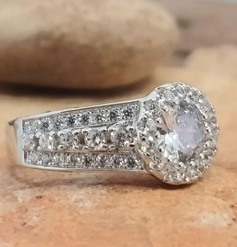 Jewel Encrusted .925 Sterling Silver Round Halo Ring