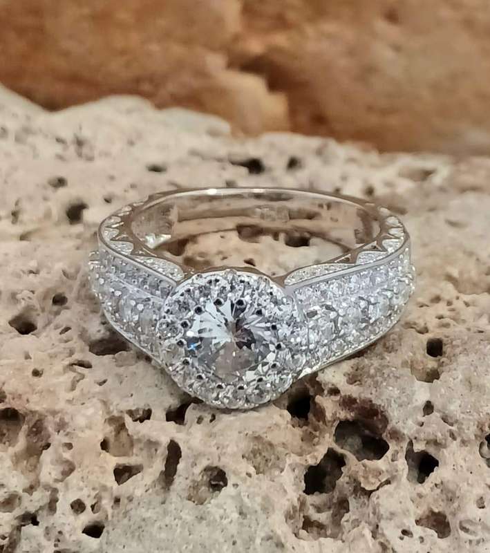 Jewel Encrusted .925 Sterling Silver Round Halo Ring