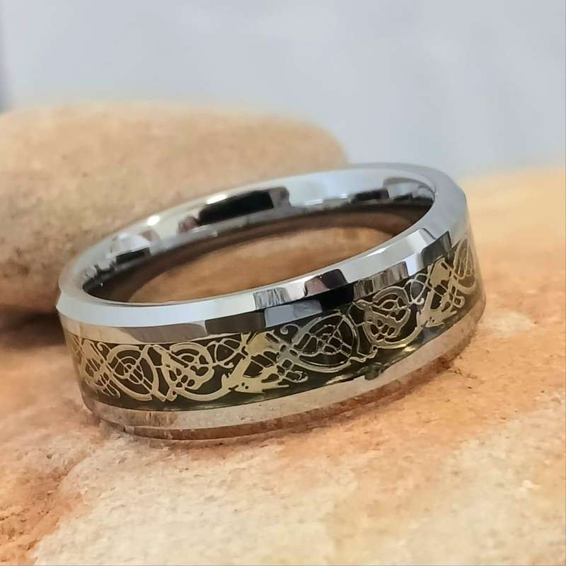 Celtic Tungsten Carbide Gold On Black Inlay Mens Ring
