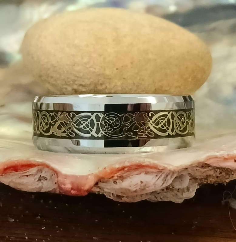 Celtic Tungsten Carbide Gold On Black Inlay Mens Ring
