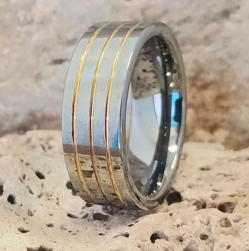 3 Gold Groove Tungsten Carbide Mens Ring