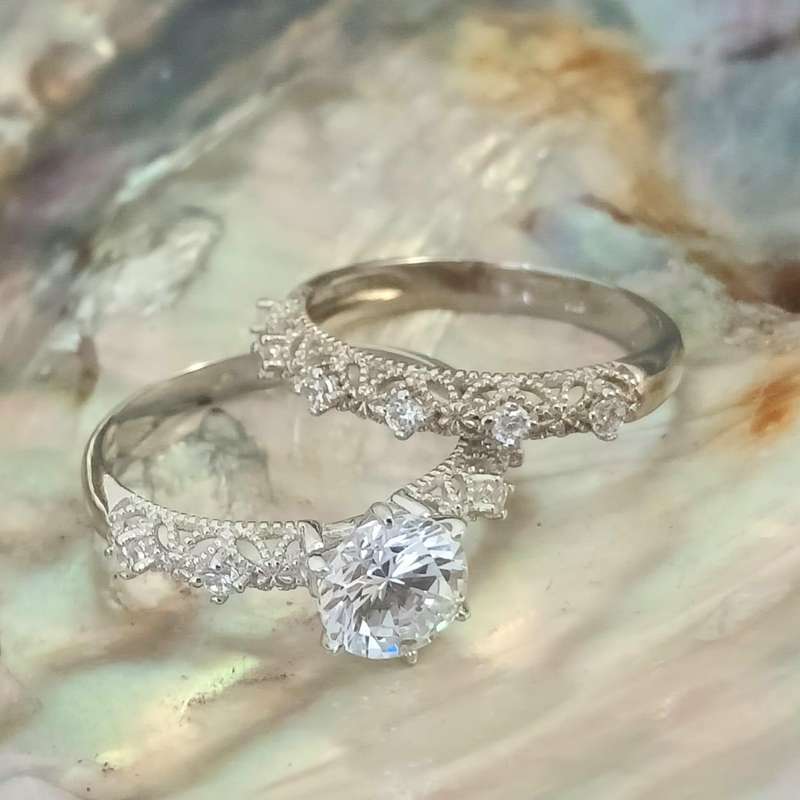 Antique Style .925 Sterling Silver Round Filigree Double Ring Set