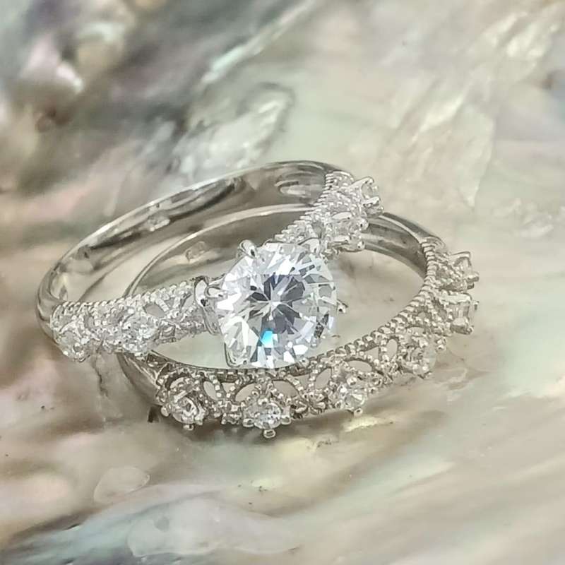 Antique Style .925 Sterling Silver Round Filigree Double Ring Set