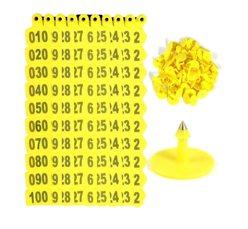 Yellow Cow Ear Tags Numbered 0 to 100-Pack of 100