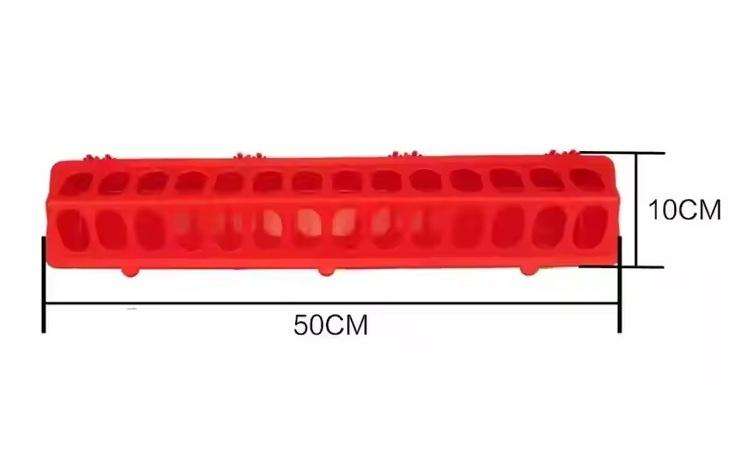 Red Hinged Chicken Feeder-50 cm long,28-hole plastic food dispenser. Pack of 5