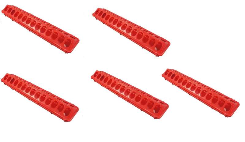 Red Hinged Chicken Feeder-50 cm long,28-hole plastic food dispenser. Pack of 5