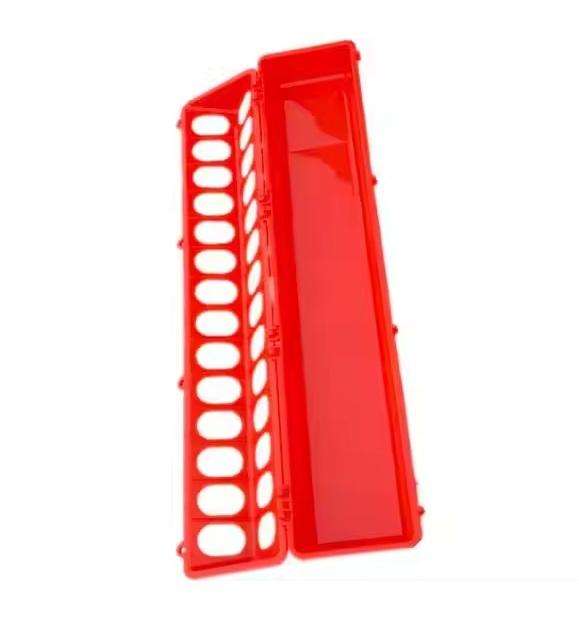 Red Hinged Chicken Feeder-50 cm long,28-hole plastic food dispenser. Pack of 5
