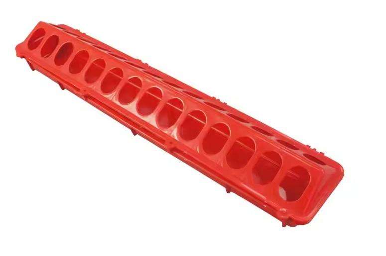 Red Hinged Chicken Feeder-50 cm long,28-hole plastic food dispenser. Pack of 5