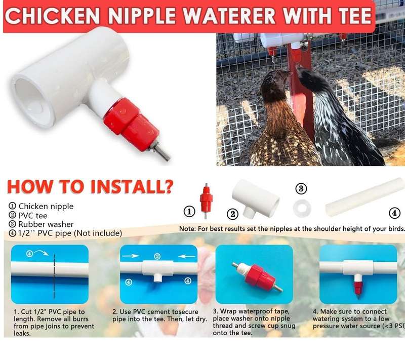 Chicken Waterer Nipples with PVC Tee Fittings-10 Pieces