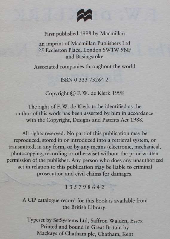 F W De Klerk SIGNED Africana The Last Trek Africana Autobiography