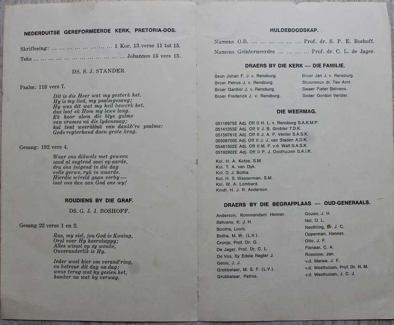 Ossewabrandwag - Bond van Oudgeinterneerdes en Gevangenes 1966 / Van Rensburg begrafnis brief