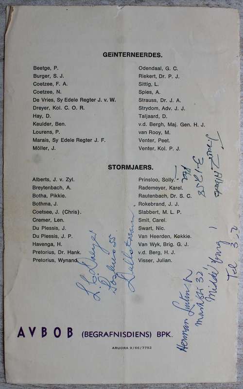 Ossewabrandwag - Bond van Oudgeinterneerdes en Gevangenes 1966 / Van Rensburg begrafnis brief