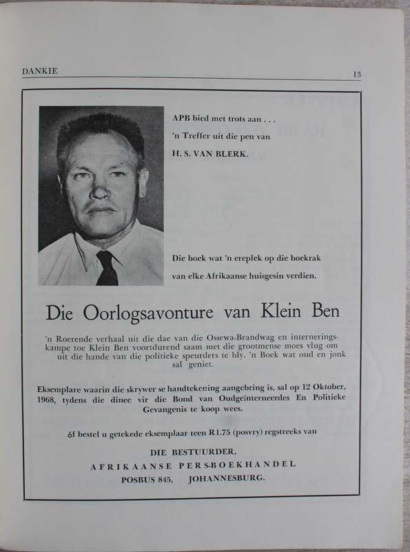 Ossewabrandwag - DANKIE / Bond van Oudgeinterneerdes en Gevangenes 1968