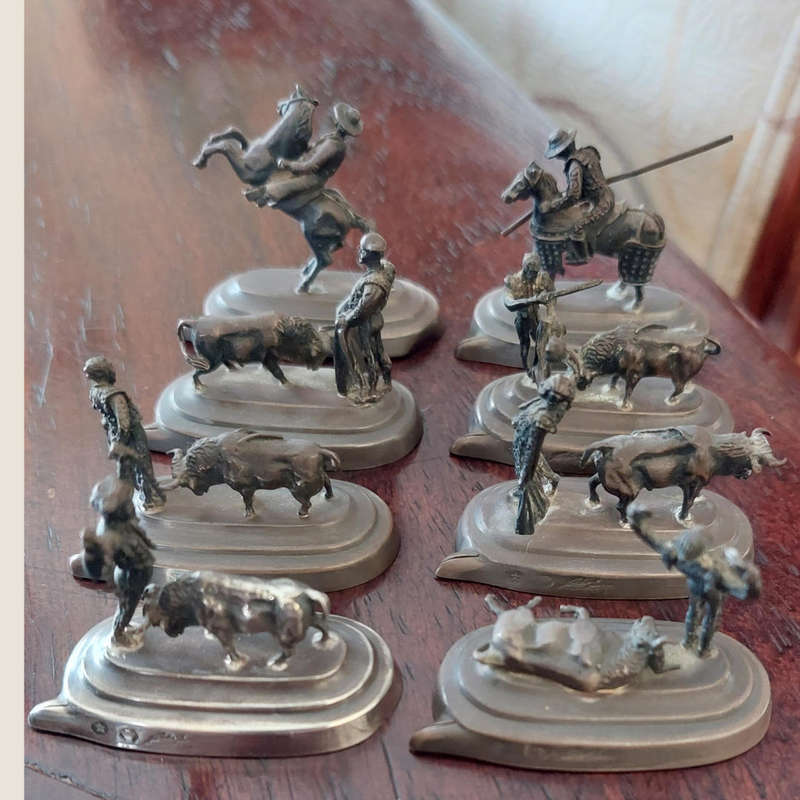 Eight Vintage Pedro Duran - Spanish Bullfighting Corrida De Toros Silver Place Card Holders
