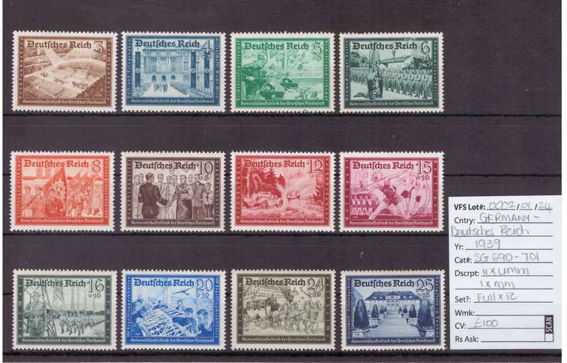 Germany-Deutsches Reich Stamps, 1939, 11 x UMM, 1 x MM, SG: 690-701, Full set 12, CV: £100