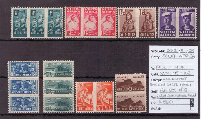 Union of South Africa, 1942-44, War Effort reduced sizes, UMM, Full set of 8, SACC 95-102