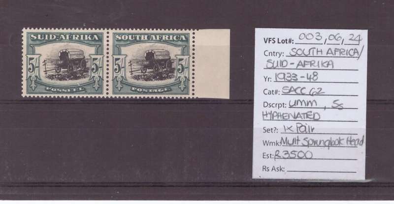 Union of South Africa, 1933-48, UMM, 5s, Hyphenated, SACC 62, CV R3500
