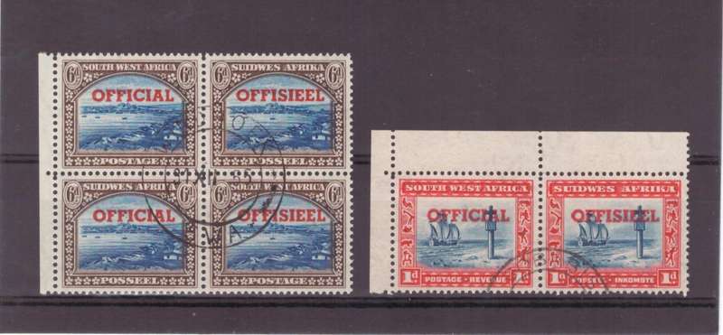 SWA, 'OFFICIALS' Stamps, 1 x Block of 4, 1 x pair, 1951-52, Opt in red, USED, SACC 24 & 27, CV R340