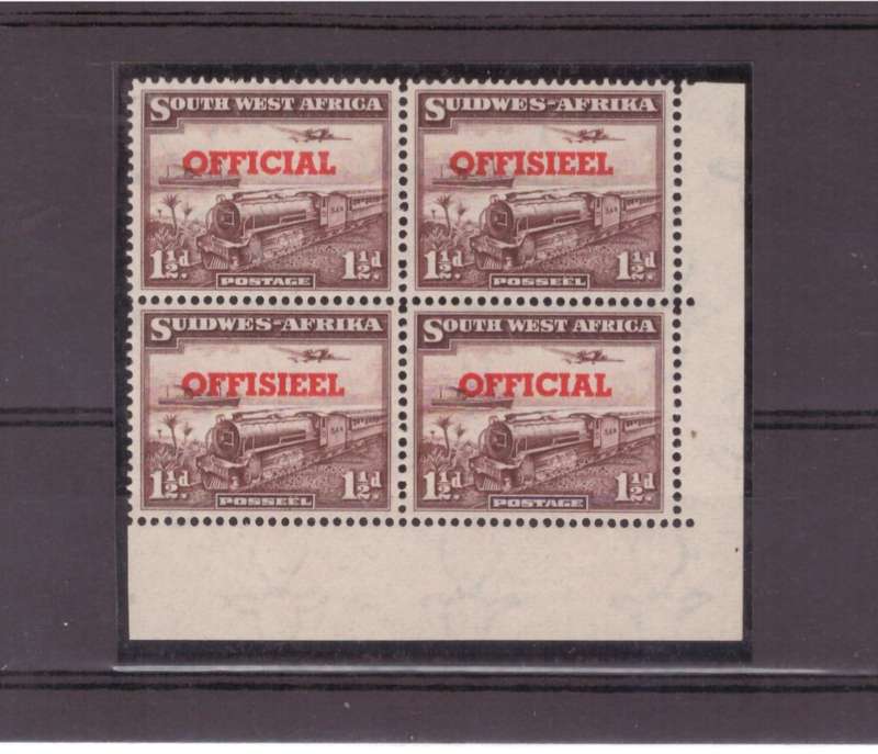 SWA, 'OFFICIALS' stamps, Block of 4, 1951-52, SACC 25, Opt in red, UMM