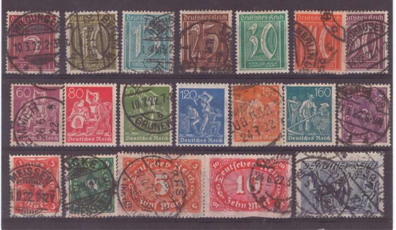 Germany stamps, 1921, USED, SG 153-171, Full set of 19, 10m perf damaged, CV £95/R2185