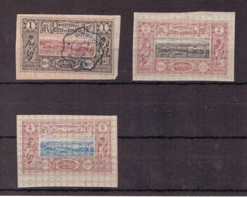 French Somali Coast, 1894-1904, Imperf, on quadrille paper, 1 x USED* (has bend)/2 x MH, MiNr 6-8