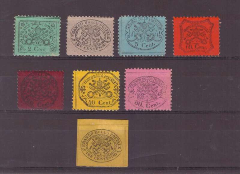 Papal States, 1868/1852, SG 16/42-55, MH, Papal Insignia-various shapes/frames, 7 x perf, 1 x Imperf