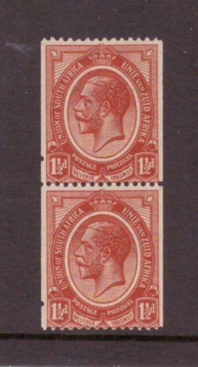 Union of South Africa, 1913, KGV, 1 1/2d Coil stamp pair with isolated perf holes, MLH
