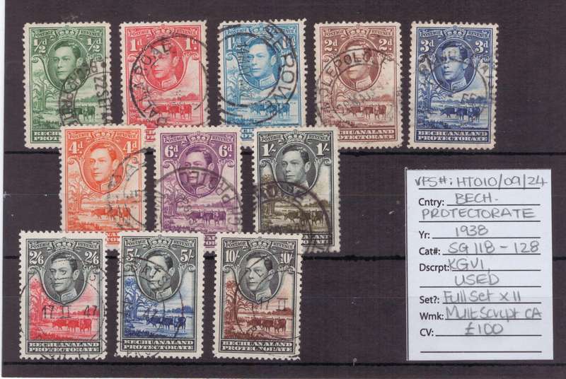 Bechuanaland Protectorate Stamps, KGVl, 1938, USED, SG:118-128, Full set of 11, CV: £100/R2300