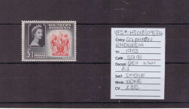 Southern Rhodesia stamp, 1953, QEll, MLH, £1, SG 91, CV £35/R805