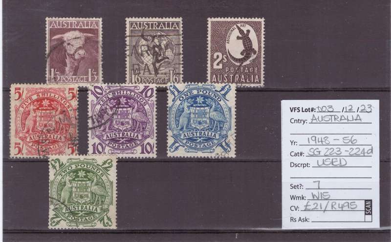 Australia stamps, 1948-56, USED, 7 x stamps, various designs, Est CV £21/R495