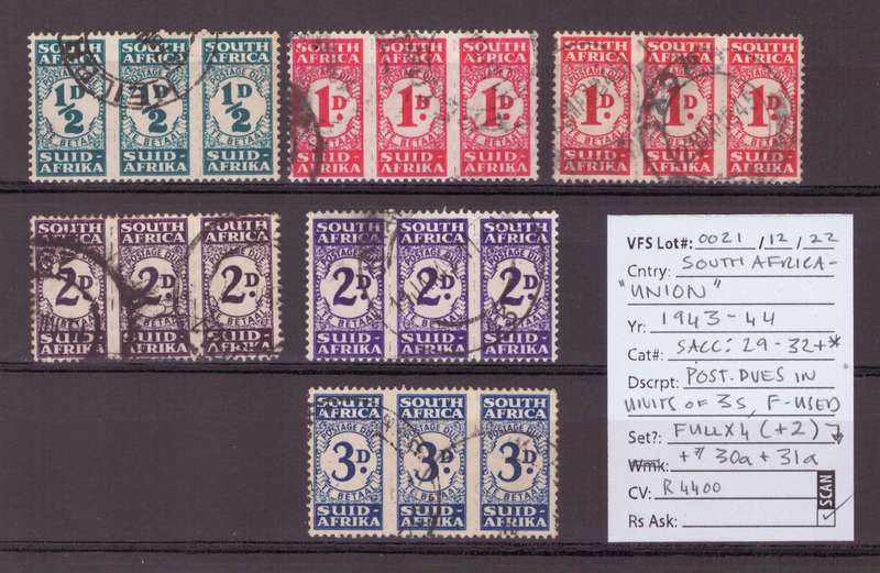 Union of South Africa, 1943-44, Postage Dues, Units of 3s, USED, CV R4400