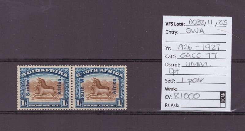 South West Africa Stamps - 1926-27, UMM, Opt, SACC 77, 1 pair, CV R1000