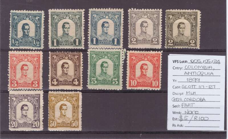 Colombia, Antioquia Stamps, 1899, MLH, Scott 117-127, Part set