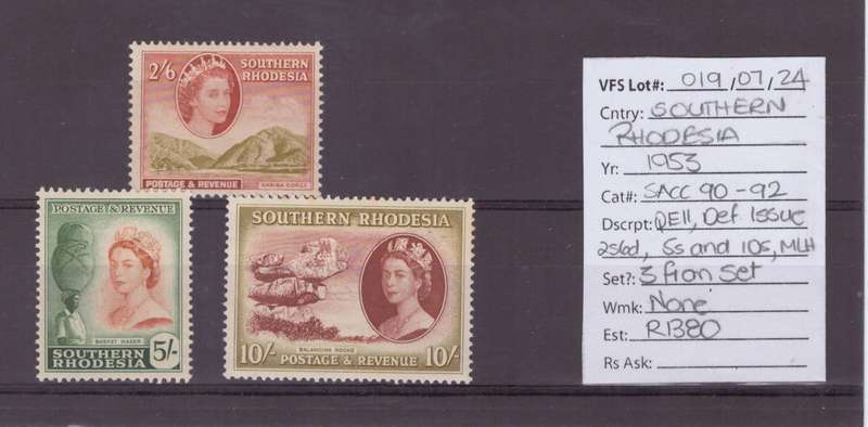 Southern Rhodesia, 1953, QEll, (2s6d, 5s & 10s), MLH, SACC 90-92, CV R1380