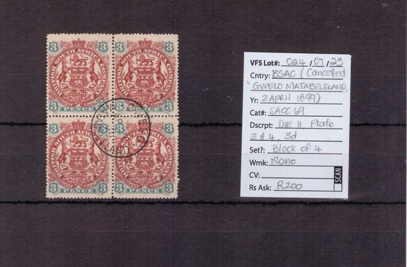 BSAC, Block of 4, Cancelled 'Gwelo Matabeleland 2 April 1899', SACC 69, Die ll, Plate 3/4, 3d