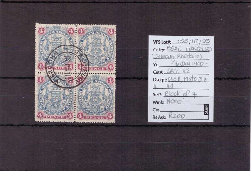 BSAC, Block of 4, Cancelled 'Salisbury Rhodesia 16 Jan 1900', SACC 42, Die ll, Plate 3/4, 4d