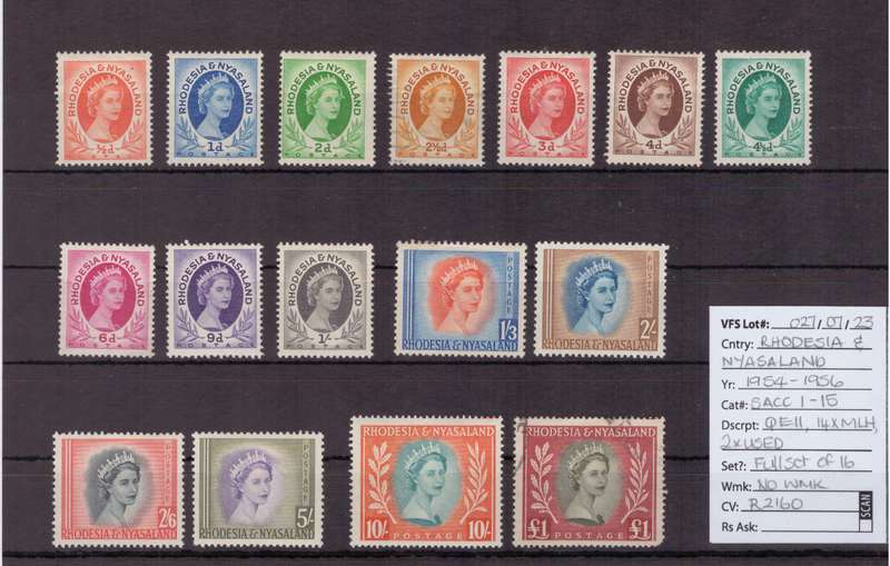 Rhodesia & Nyasaland, 1954-56, QEll, 14 x MLH,2 x USED, SACC 1-15, CV R2160