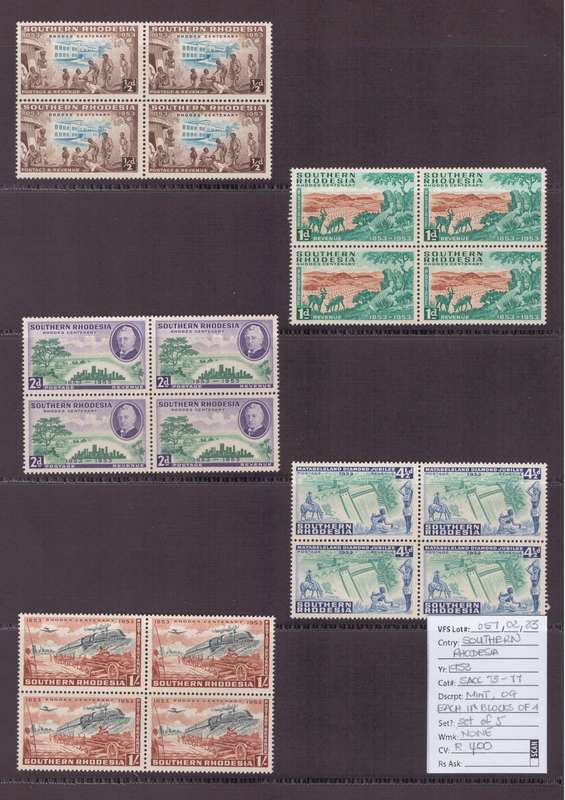 Southern Rhodesia, 1953, MINT blocks of 4, og, Full set of 5, SACC 73-77
