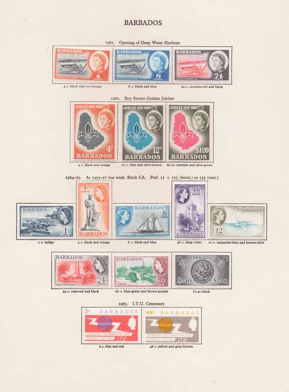 Barbados, Stamps on sheet, 1961-65, QEll, various designs, *w/marks & perfs not checked