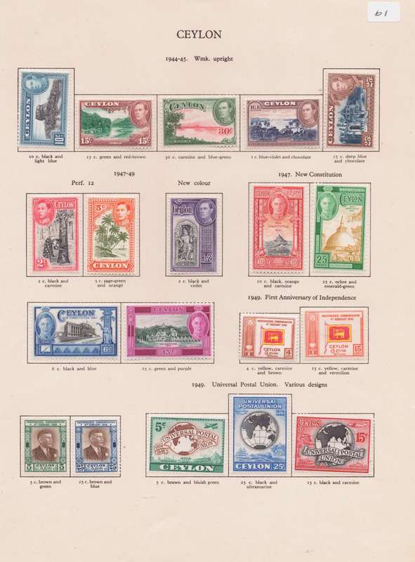 Ceylon, Stamps on sheet, 1944-49, KGVl, various designs, CV £110/R2585, Ask R500