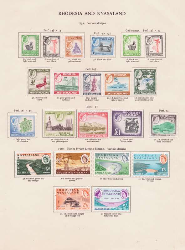 Rhodesia & Nyasaland, Stamps on sheet, 1959-60, QEll, various designs, *perfs not checked