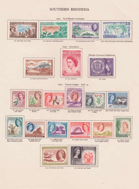 Southern Rhodesia, Stamps on sheet, QEll, 1953, Various designs, *perfs not checked