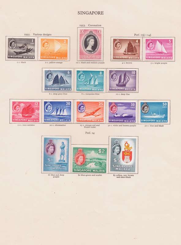 Singapore, Stamps on sheet, QEll, 1953-55, various designs, *perfs not checked