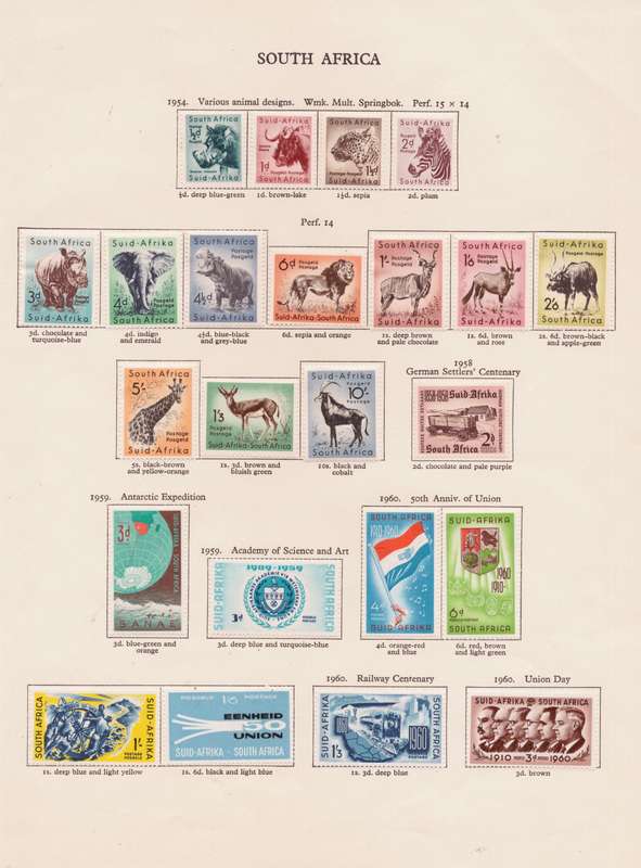 South Africa stamps on sheet, 1954-60, Various designs, *w/marks & perfs not checked