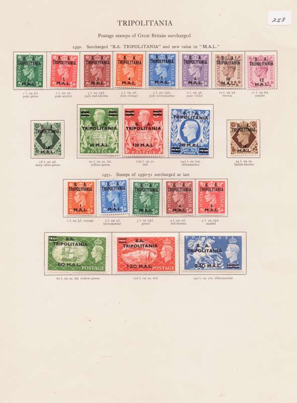 Tripolitania, Stamps on sheets, 1950-51, KGVl, GB stamps surcharged, CV £230/R5400, Ask R1000