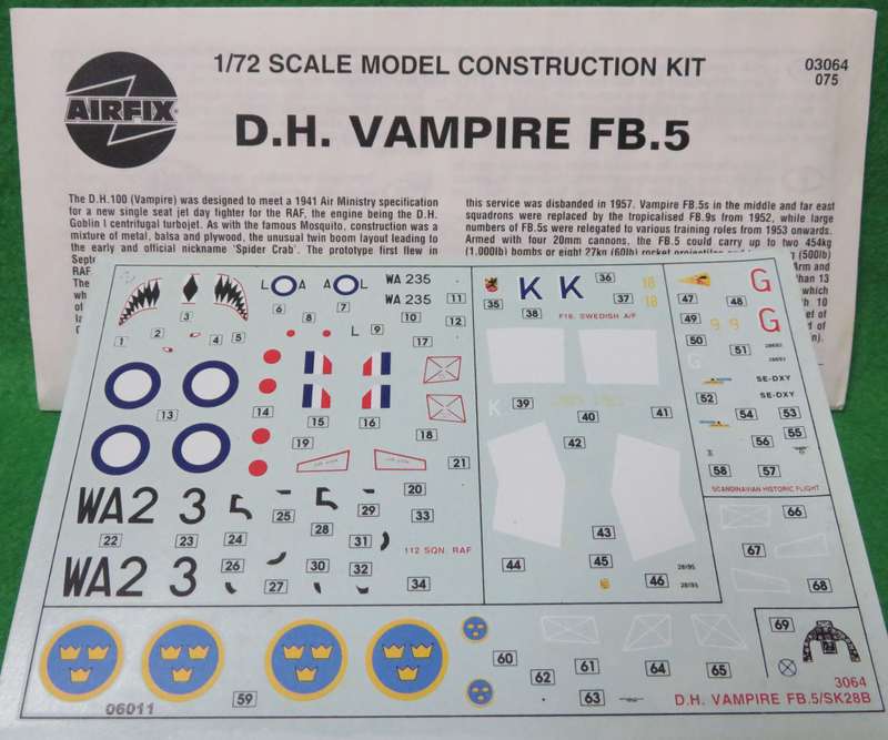 **Airfix**Model kit**Vampire FB5/J 28B**Vintage**Scale 1/72**