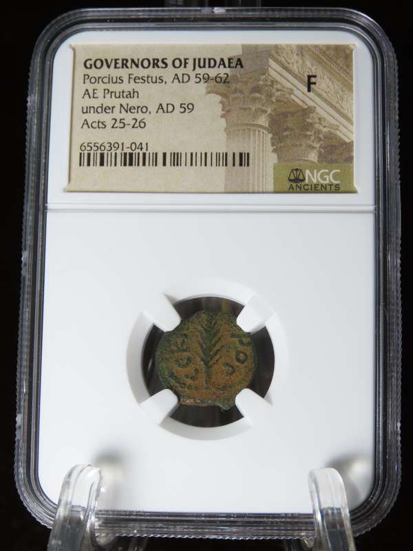 Ancient Judaea Prutah Coin, 59 - 62 AD, NGC F Governor Porcius Festus Under Nero Coins of the Bible